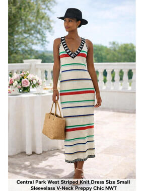 Central Park West Striped Knit Midi Dress Size Small Sleeveless V-Neck Preppy Ch